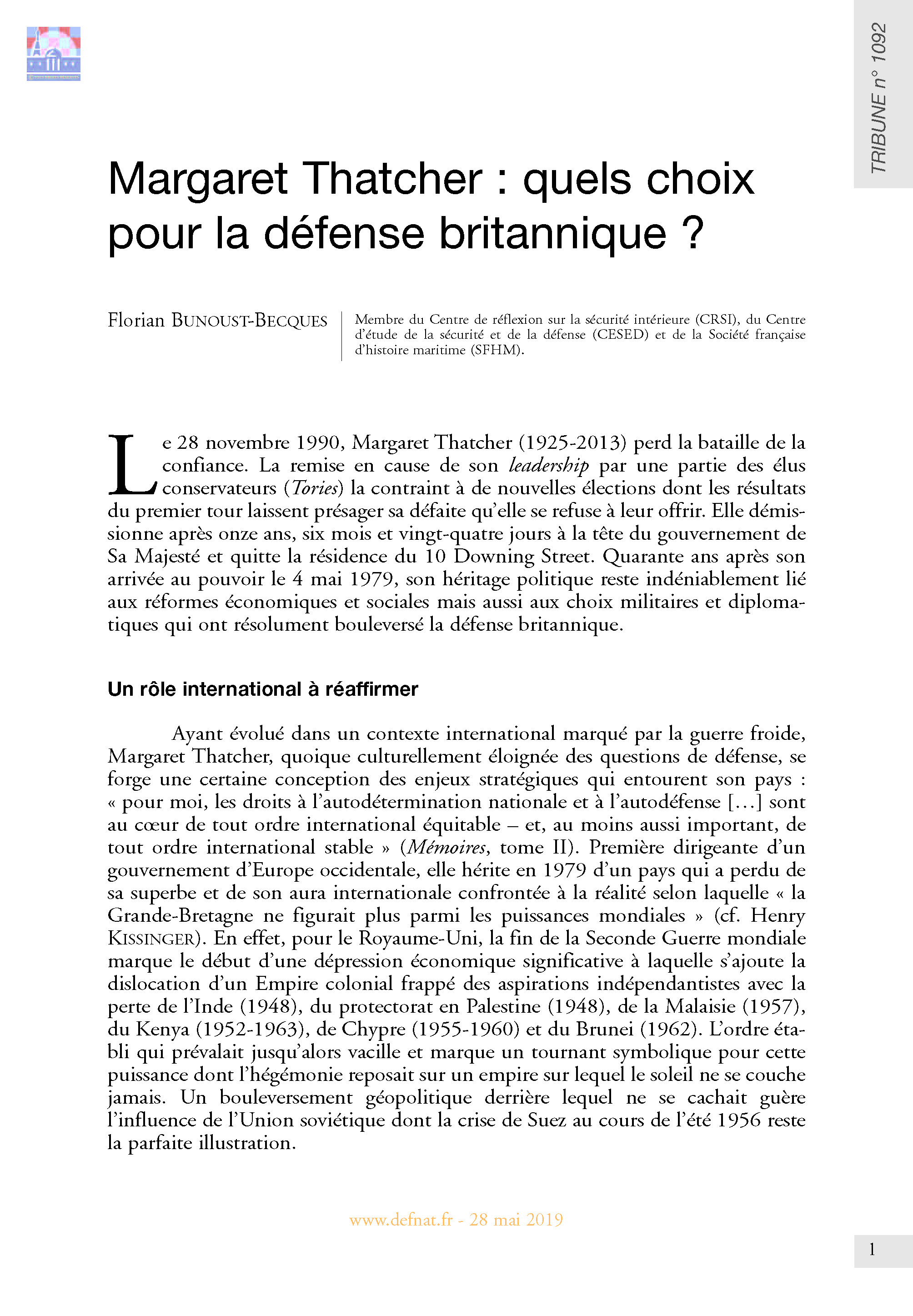 Margaret Thatcher : quels choix pour la défense britannique ? (T 1092)
